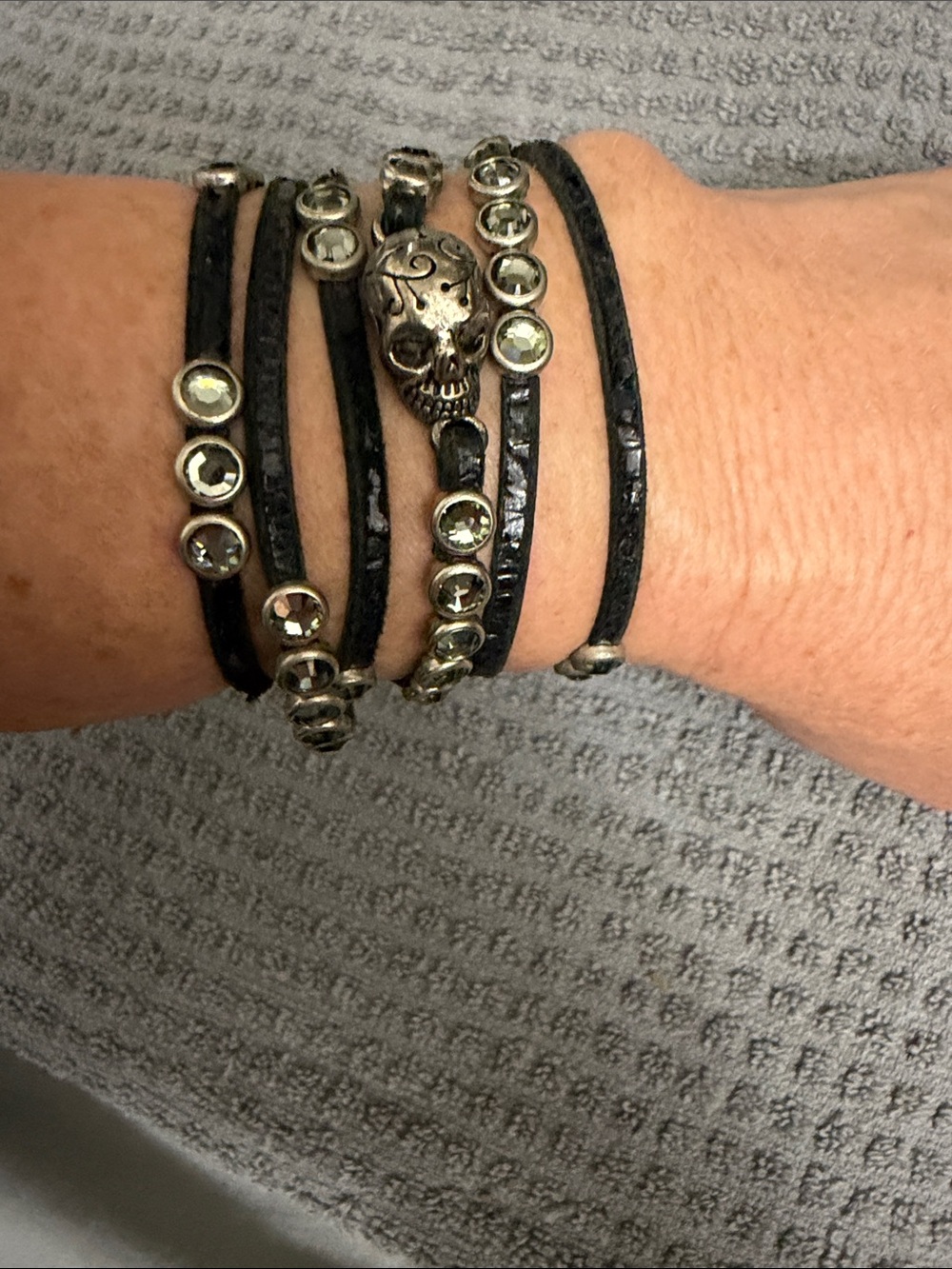 Black Leather Wrap bracelet with Silver Skull and Bead Accents